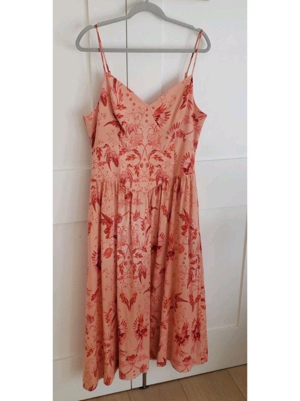 NWT HOUSE OF HARLOW 1960 LINEN FLORAL SPAGHETTI STRAPS MIDI DRESS PEACH LARGE - Picture 3 of 10